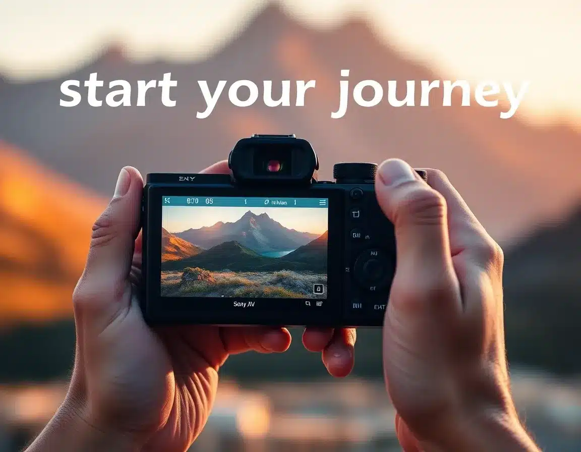 Photographe tenant un appareil photo hybride moderne avec paysage montagneux en arrière-plan, golden hour, inspirant l'achat d'un nouvel appareil photo