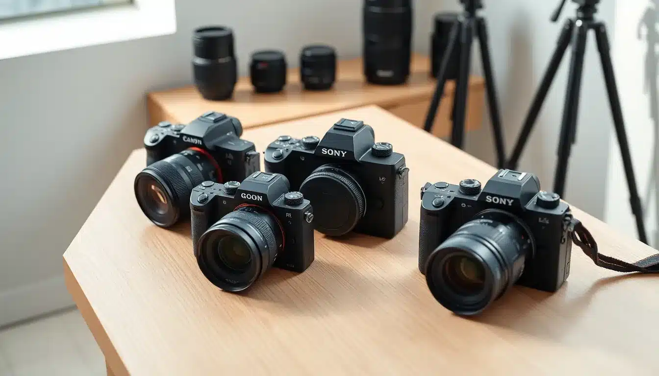 Comparaison des meilleurs appareils photos moyen de gamme 2025 avec Canon EOS R7, Sony A6700 et Fujifilm X-T5 disposés sur un bureau moderne