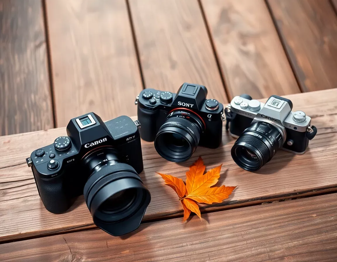 Présentation professionnelle de trois appareils photo haut de gamme pour la photographie animalière : Canon EOS R7, Sony A7 IV et OM System OM-1 avec leurs objectifs