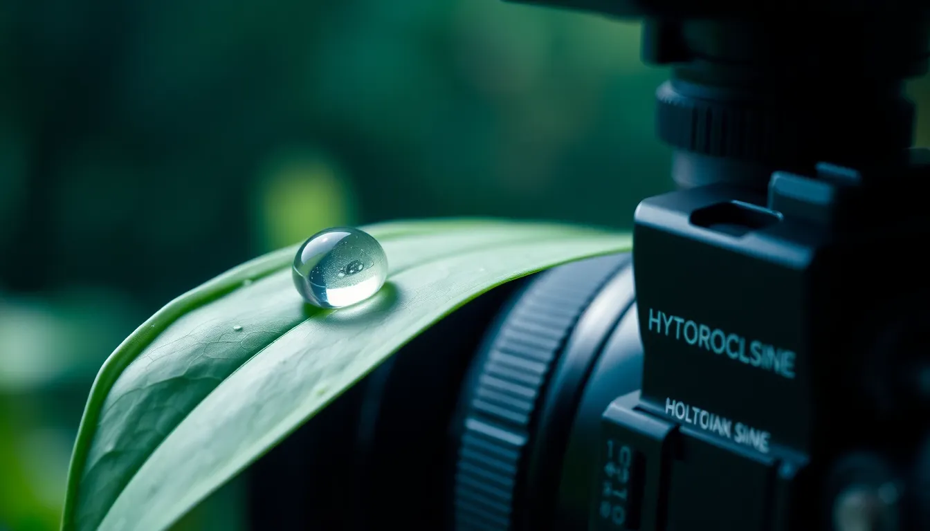 Appareil photo hybride avec objectif macro photographiant une goutte d'eau — setup macrophotographie