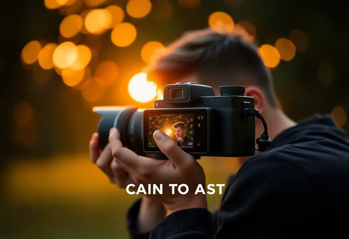 Photographe professionnel capturant un portrait avec appareil moderne, éclairage doré naturel, bokeh artistique, moment inspirant photographie