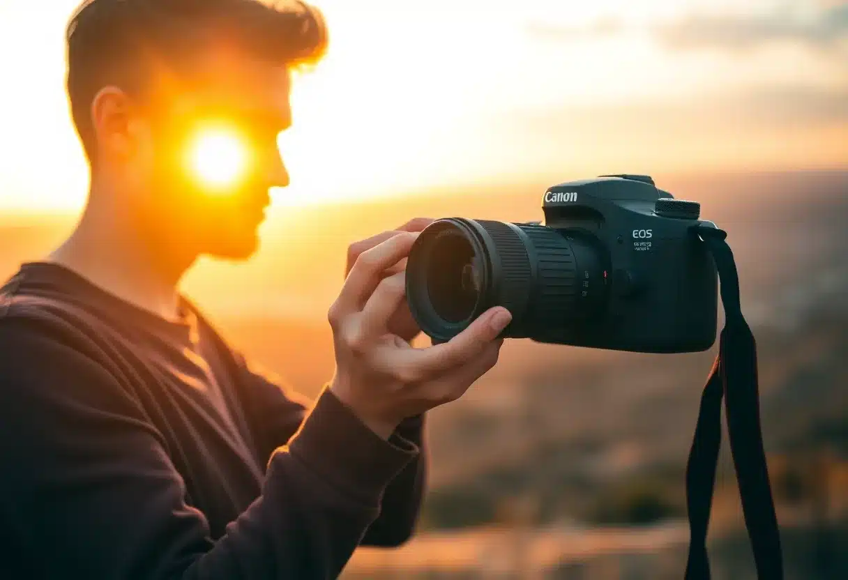 Photographe professionnel en action capturant un paysage avec un appareil photo Canon EOS lors du golden hour, illustrant la passion de la photographie et l'excellence des appareils Canon