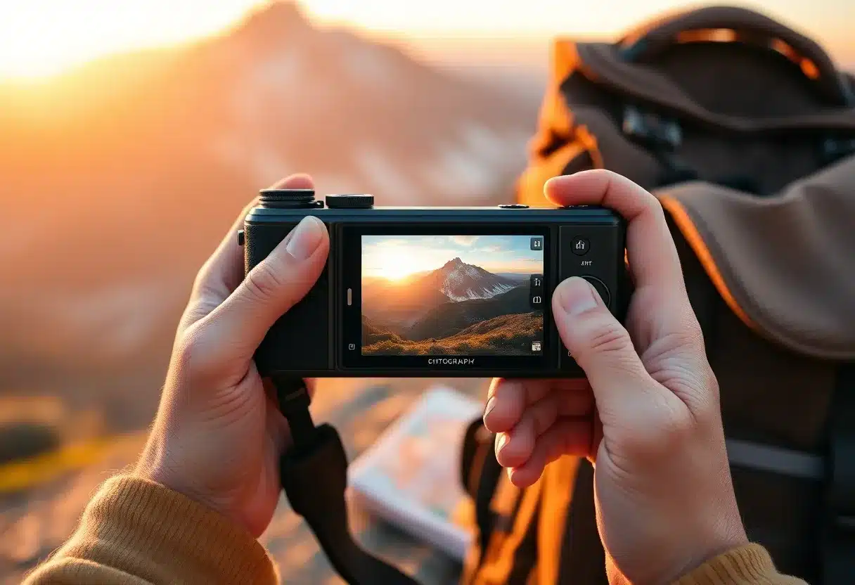 Mains de photographe nomade tenant un appareil photo compact pour un paysage de montagne au coucher de soleil