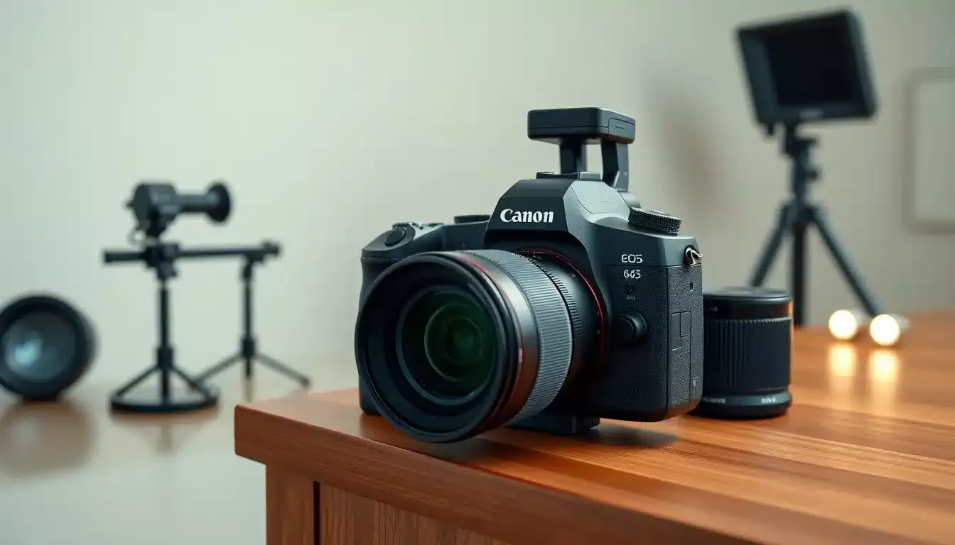 Appareil photo Canon EOS R5 avec objectif 85mm sur bureau élégant, éclairage studio professionnel, équipement photographie portrait haut de gamme