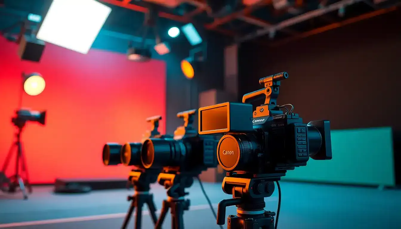 Caméras Canon Cinema EOS C70 C80 C400 disposées sur plateau tournage professionnel avec éclairage cinéma
