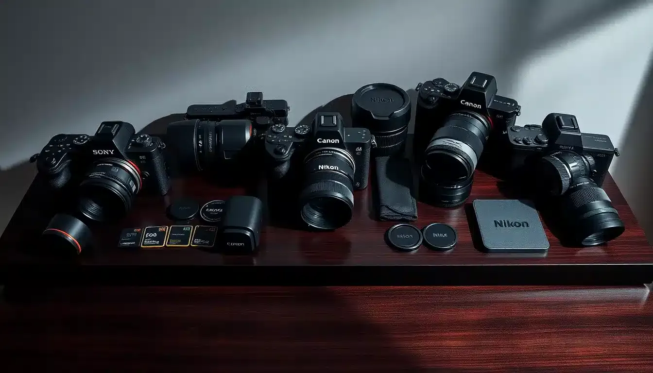 Trois appareils photo professionnels haut de gamme 2025 disposés sur un bureau en bois sombre : Sony A7R V, Canon EOS R5 Mark II et Nikon Z8, avec objectifs professionnels et accessoires photo dans un studio éclairé dramatiquement
