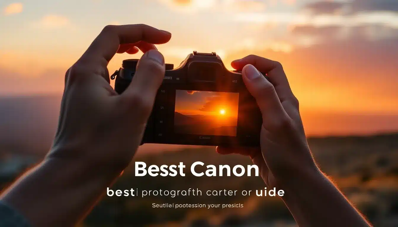 Photographe utilisant l'un des meilleurs appareils photos Canon EOS R pour capturer un paysage doré - trouvez votre Canon idéal en 2026