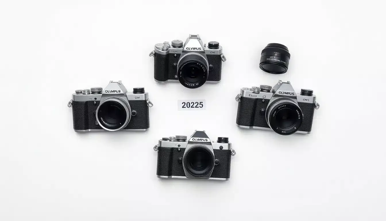 Comparatif des meilleurs appareils photo Olympus 2025 : OM System OM-1 Mark II, OM-5 et Olympus OM-D E-M10 Mark IV avec objectifs M.Zuiko sur fond blanc
