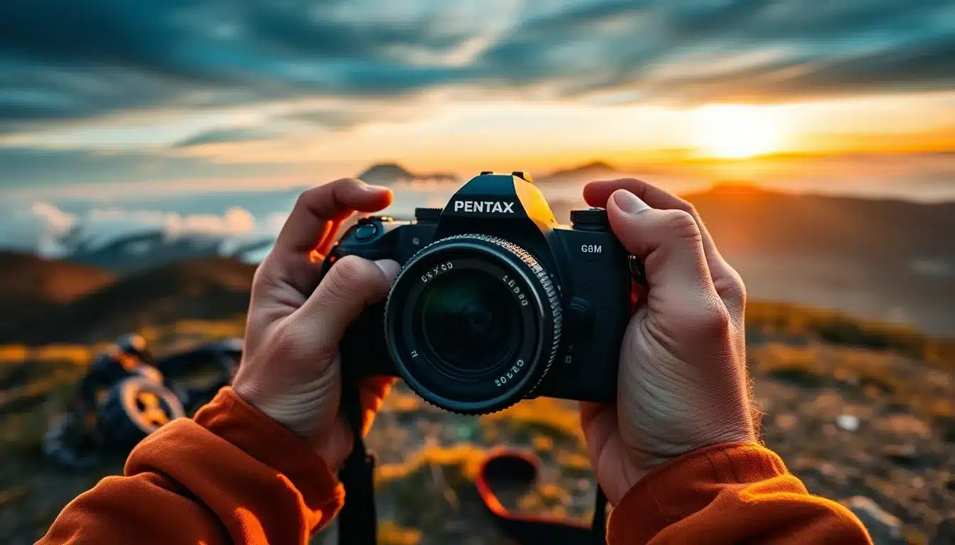 Photographe utilisant appareil photo Pentax en montagne au lever du soleil - photographie outdoor aventure nature avec matériel tropicalisé