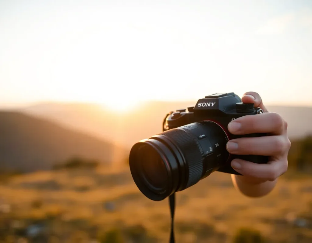 Photographe utilisant un appareil photo Sony en extérieur, ambiance dorée inspirante