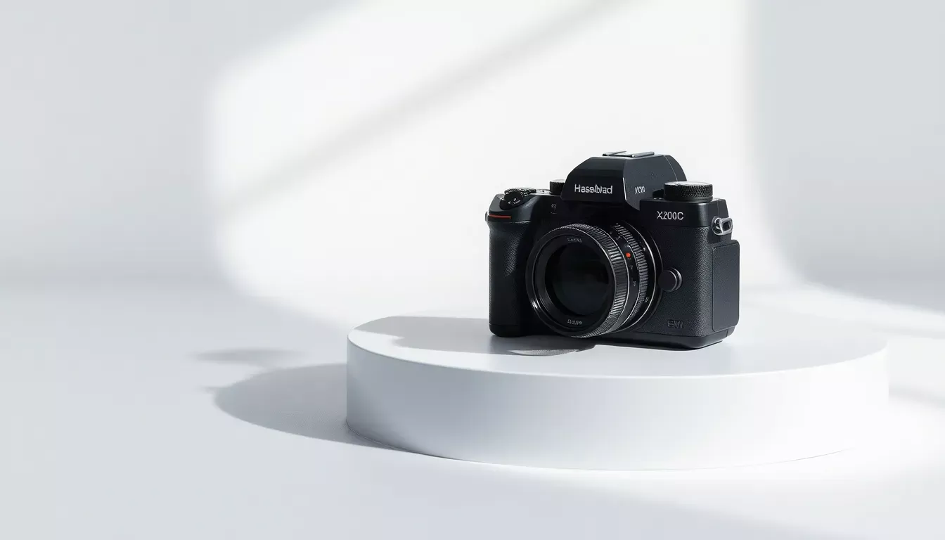 Appareil photo Hasselblad X2D 100C moyen format 100 mégapixels photographié en studio sur fond blanc avec éclairage professionnel, vue 3/4 montrant le boîtier et la monture d'objectif