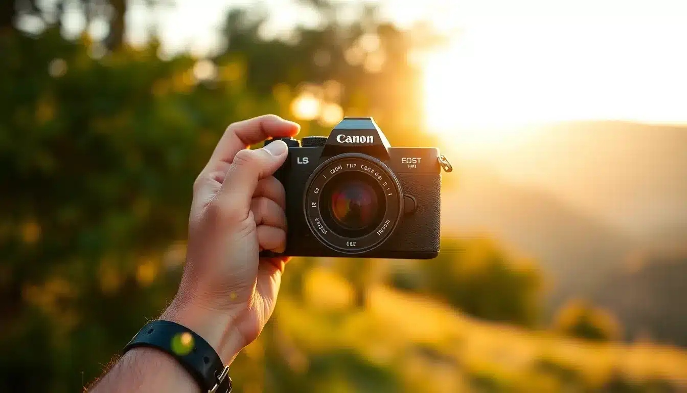 Photographe tenant un Canon PowerShot compact en extérieur, illustrant la portabilité et la qualité des PowerShot pour le voyage et le vlog