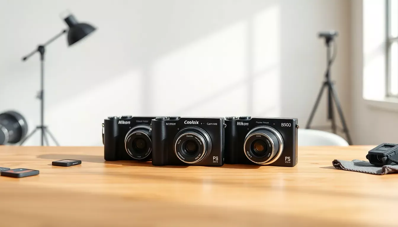 Comparatif des 3 meilleurs appareils photo Nikon Coolpix 2025 : P1100, P950 et B500 disposés sur un bureau, guide d'achat expert 