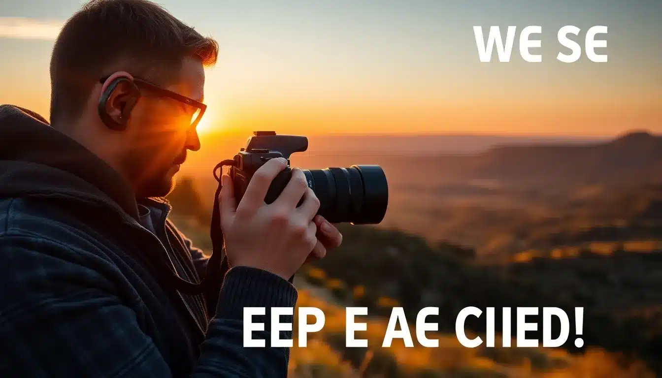Photographe professionnel utilisant un appareil photo haut de gamme pour capturer un paysage lors de l'heure dorée, illustrant les résultats obtenus avec un équipement premium