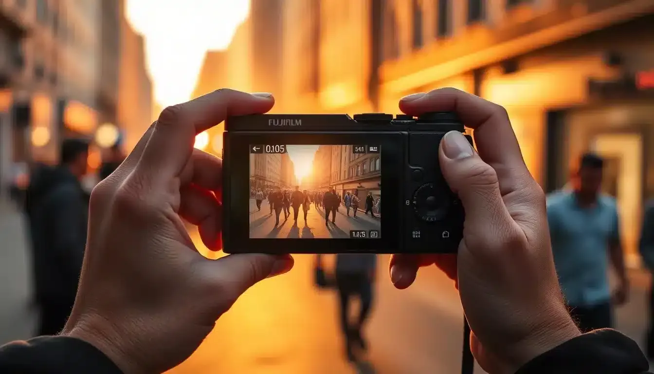 Photographe tenant un appareil photo compact noir capturant une scène de rue urbaine avec silhouettes floues et lumière dorée, écran de l'appareil visible montrant la composition parfaite