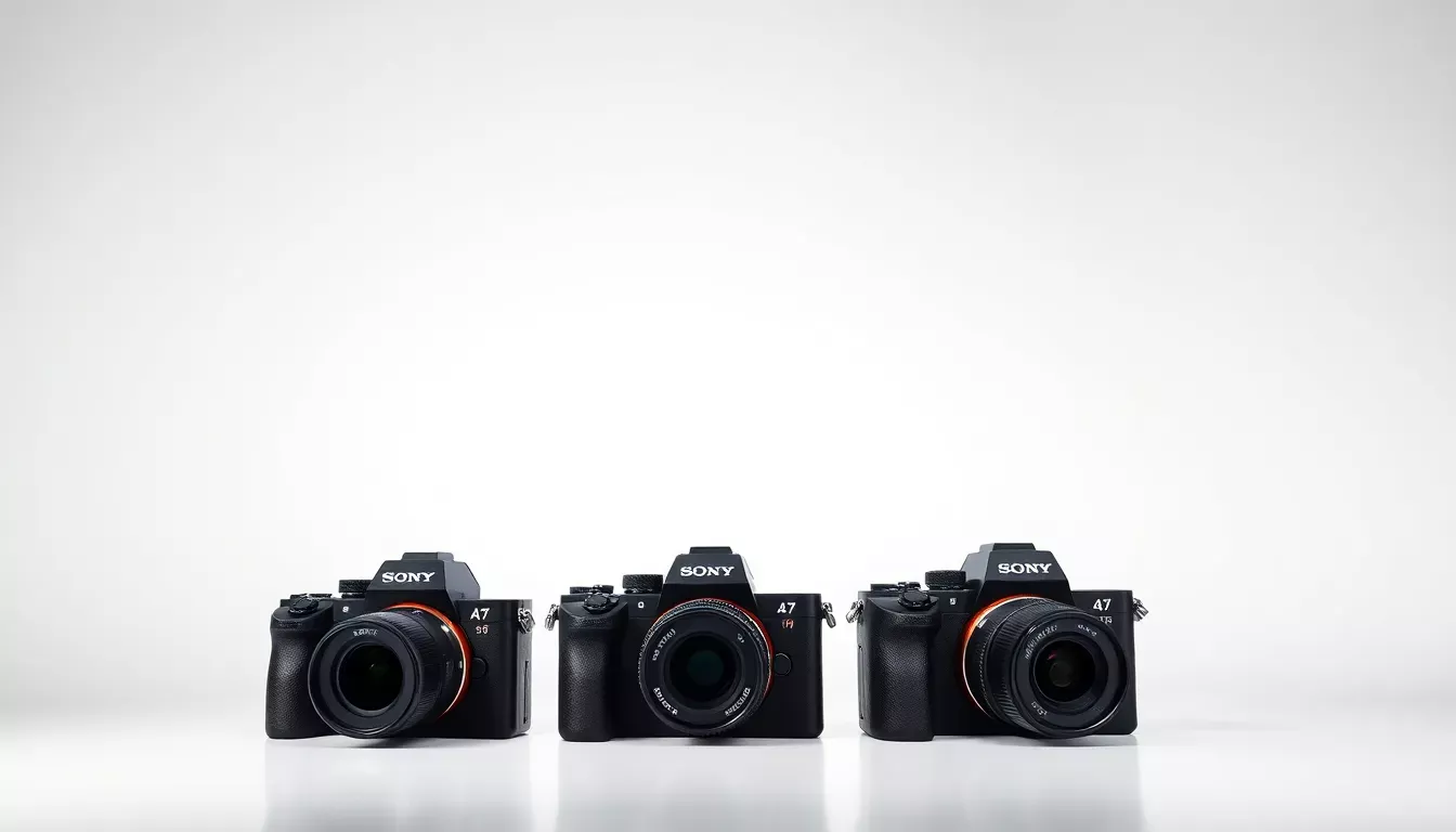 Comparaison des meilleurs appareils photo Sony Alpha A7 2025 : A7 IV, A7R V et A7S III disposés côte à côte sur fond blanc professionnel