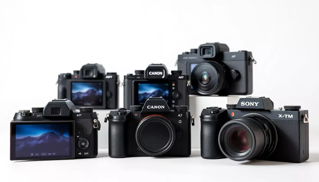 Comparatif des 5 meilleurs appareils photo hybrides 2025 : Sony A7 IV, Canon EOS R6 Mark II, Nikon Z8, Fujifilm X-T5 et Sony A6700 arrangés professionnellement