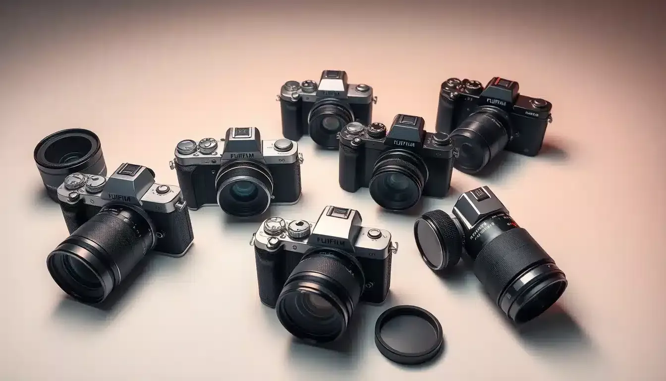 Comparatif des meilleurs appareils photo Fujifilm 2025 - X-M5, X-T5, X-H2 et GFX sur fond blanc