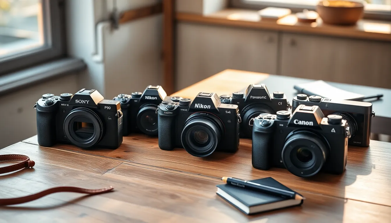 Sélection des 5 meilleurs bridges 2025 avec Sony RX10 IV, Nikon P950, Panasonic FZ1000 II, Nikon P1000 et Canon SX70 HS disposés sur table en bois avec éclairage naturel