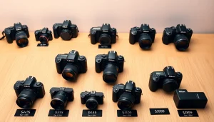 Comparatif des meilleurs appareils photo reflex 2025 classés par gamme de prix avec Canon et Nikon sur fond professionnel